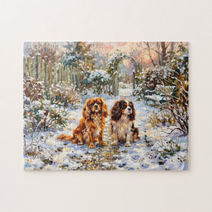 Puzzle Dos Cavalier Spaniels en camino invernal