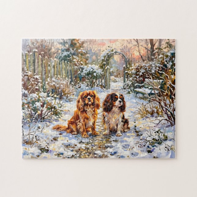 Puzzle Dos Cavalier Spaniels en camino invernal (Horizontal)