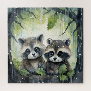 Puzzle Dos crías de mapache bajo la lluvia