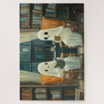 Dos fantasmas acogedores leyendo en una biblioteca