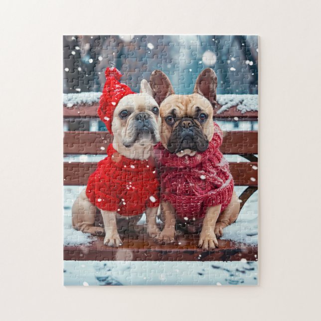 Puzzle Dos Frenchies con ropa de invierno tejida (Vertical)