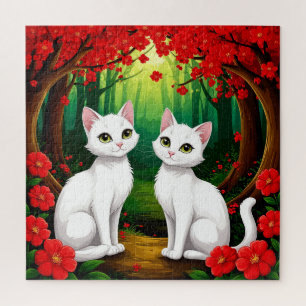 Puzzle Dos gatos adorables sentados en un bosque vibrante
