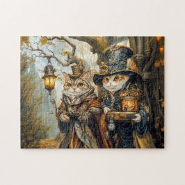 Puzzle Dos gatos mágicos en una escena de fantasía steamp