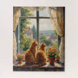 Puzzle Dos gatos pelirrojos mirando por una ventana  