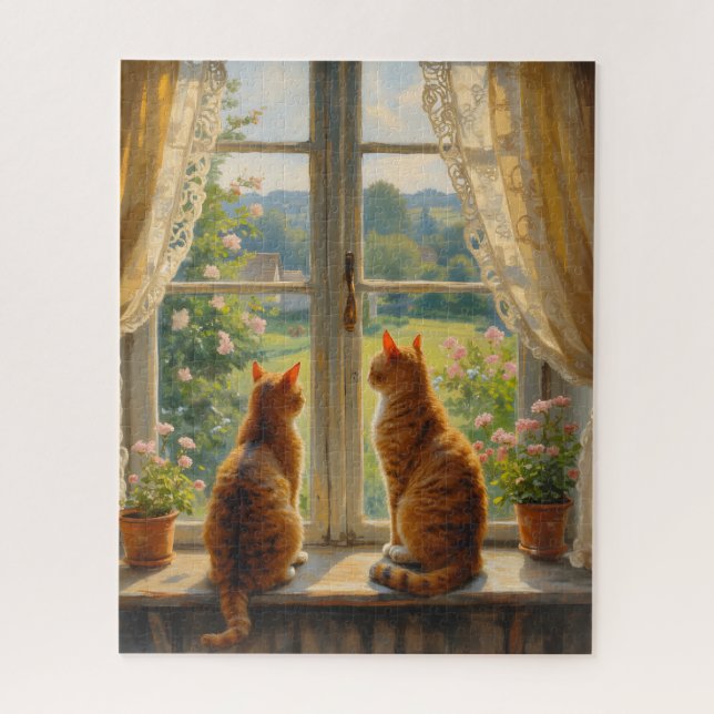 Puzzle Dos gatos sentados en un asiento junto a la ventan (Vertical)