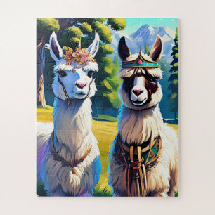 Puzzle Dos llamas se paran al lado de los niños