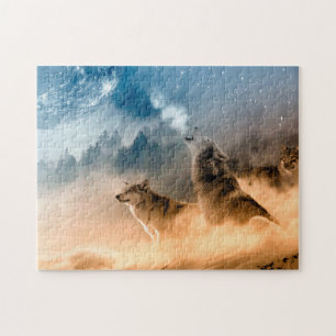 Puzzle Dos lobos aullan en la luna llena en el bosque