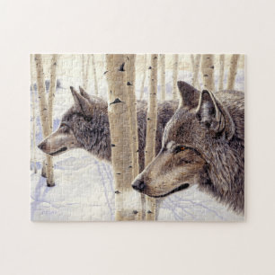 Puzzle Dos lobos cazando en pintura acrílica de nieve en 