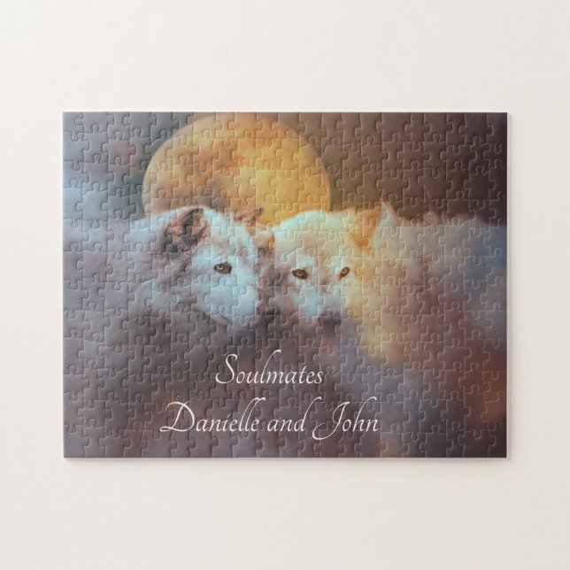 Puzzle Dos lobos con nombres personalizados Soulmates (Horizontal)