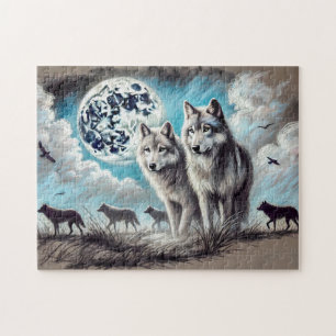 Puzzle Dos lobos en luz de luna con manada