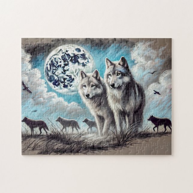 Puzzle Dos lobos en luz de luna con manada (Horizontal)