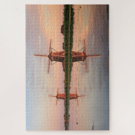 Puzzle Dos molinos de viento con reflexión al atardecer