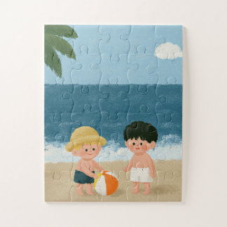 Puzzle Dos niños jugando con un balón de playa en el océa