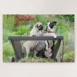 Puzzle Dos perros un cachorro y Boston Terrier en un carr