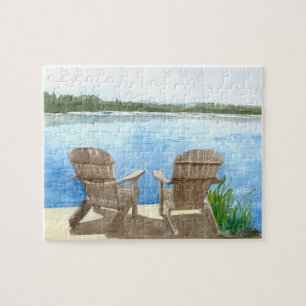 Puzzle Dos sillas Adirondack en el lago con montañas