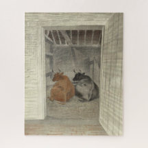 Dos vacas en un establo (por Eric Ravilious)