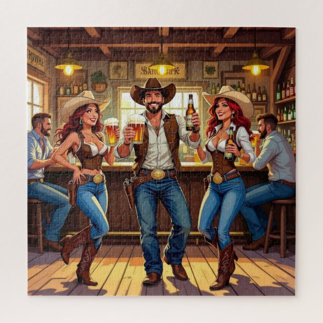 Puzzle Dos vaqueras y un vaquero bailando en línea en un  (Vertical)