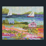 Puzzle Dos veleros y cabaña<br><div class="desc">Dos veleros y la cabaña I de Karen Fields. Luminosa y divertida escena con flores, árboles, una cabaña y veleros en el agua.</div>