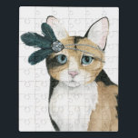 Puzzle Downton Cat | Bejeweling con plumas<br><div class="desc">Esta acuarela tiene un gato gris adornado con joyas | Por Grace Popp</div>