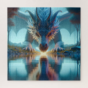 Puzzle Dragón azul místico mira la reflexión en el agua
