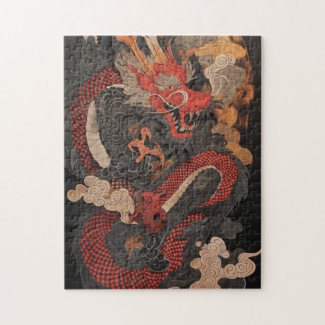 Puzzle Dragón chino texturizado con llamas (Vertical)