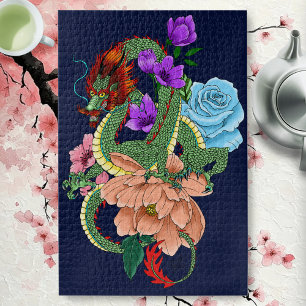 Puzzle Dragón Chino Verde Místico Floral Azul Marino