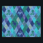 Puzzle Dragón de acuarela en cinta azul y verde<br><div class="desc">Estilo de colcha de tejido de cuadros de siluetas de dragón.  También cuenta con escalas de dragón y huellas de dragón.  Bonitos tonos azules y verdes en las acuarelas.</div>