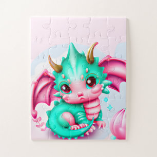 Puzzle Dragón de bebé Verde azulado y rosa de Kawaii