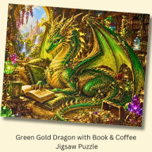 Dragón de oro verde con libro y café