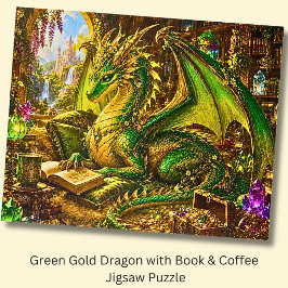 Puzzle Dragón de oro verde con libro y café