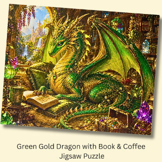 Puzzle Dragón de oro verde con libro y café