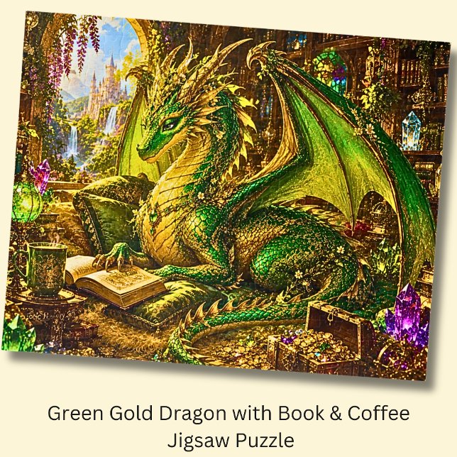 Puzzle Dragón de oro verde con libro y café (Subido por el creador)