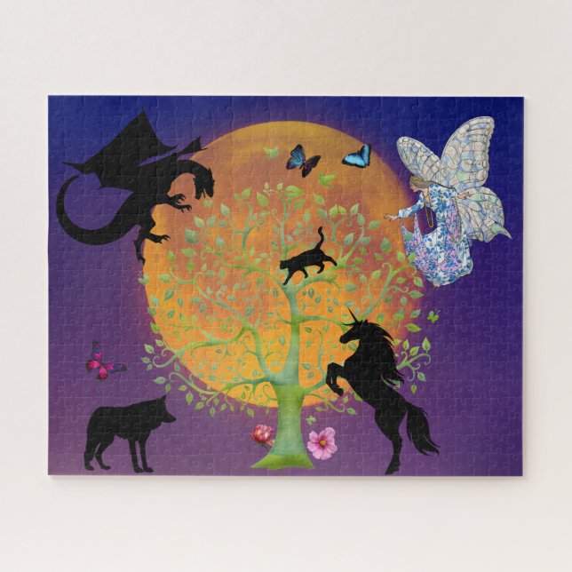 Puzzle Dragon Fantasy Tree de unicornio y luna llena (Horizontal)