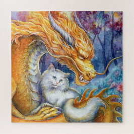 Puzzle Dragón Fiero y Gato Blanco en Bosque Místico