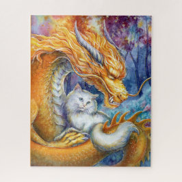 Puzzle Dragón Fiero y Gato Blanco en Bosque Místico