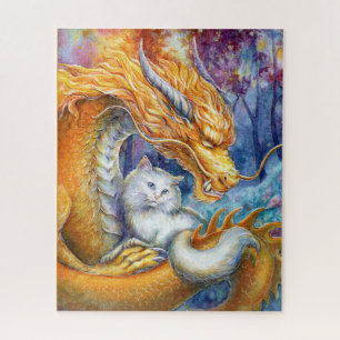 Puzzle Dragón Fiero y Gato Blanco en Bosque Místico