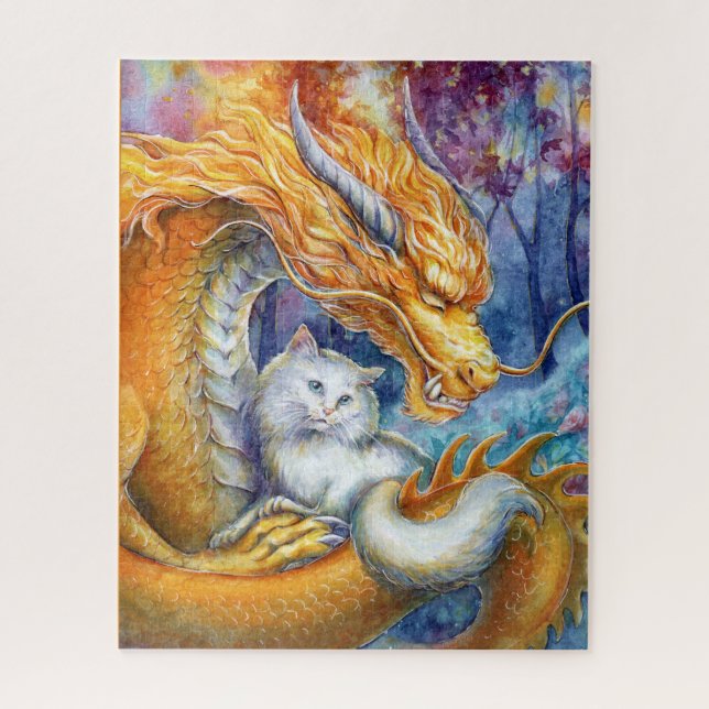 Puzzle Dragón Fiero y Gato Blanco en Bosque Místico (Vertical)