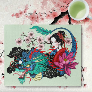 Puzzle Dragón Geisha Asiática Flor de Cerezo Azul