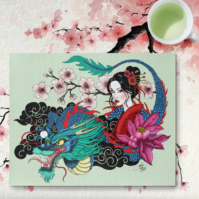 Puzzle Dragón Geisha Asiática Flor de Cerezo Azul (Subido por el creador)
