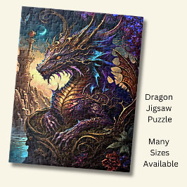 Puzzle Dragón morado dorado azul con torre