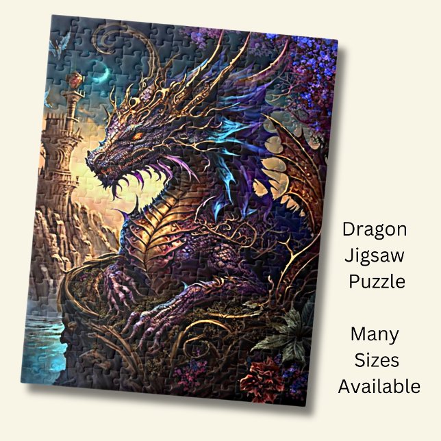 Puzzle Dragón morado dorado azul con torre (Subido por el creador)