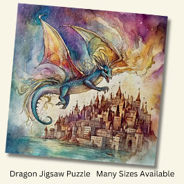 Puzzle Dragón volando sobre la acuarela de la ciudad