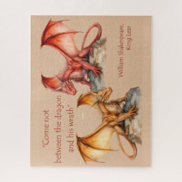 Puzzle Dragones con cita de King Lear rojo, dorado, blanc