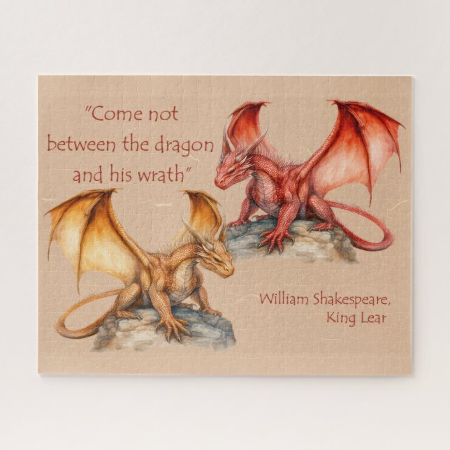 Puzzle Dragones con cita de King Lear rojo, dorado, blanc (Horizontal)