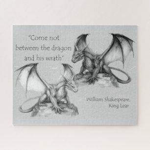Puzzle Dragones con cita del Rey Lear negro, gris, blanco