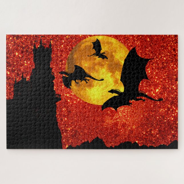 Puzzle Dragones volando, castillo acantilado, luna llena, (Horizontal)