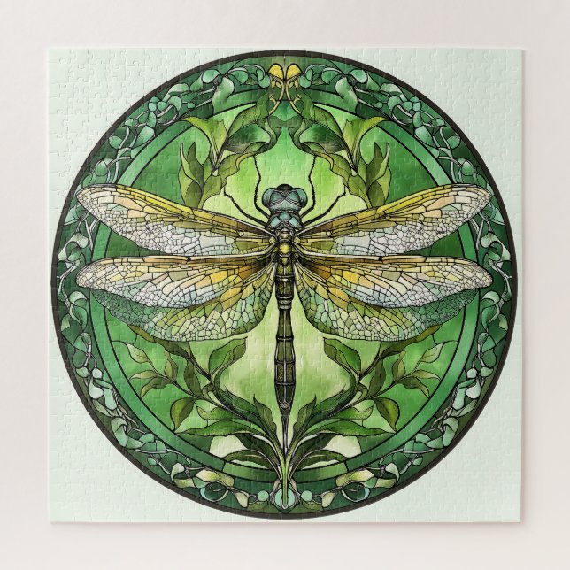 Puzzle Dragonfly ordenado con marco floral verde (Vertical)