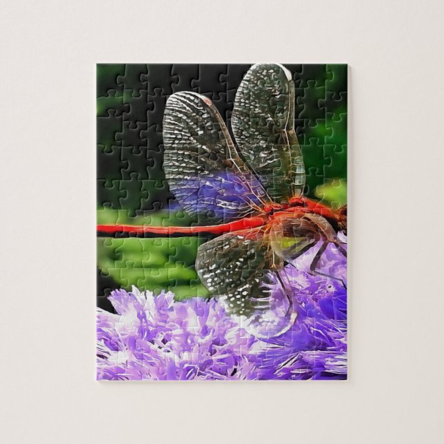Puzzle Dragonfly rojo sobre las flores violetas moradas (Vertical)