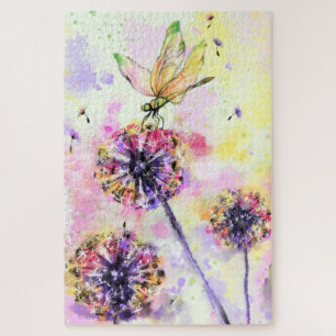 Puzzle Dragonfly y Dandelions - Pintura de acuarela