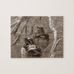 Puzzle Drake de pato de madera y Hen en Sepia